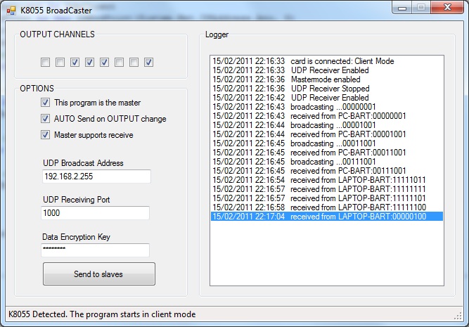 Screenshot of the K8055 UDP broadcaster